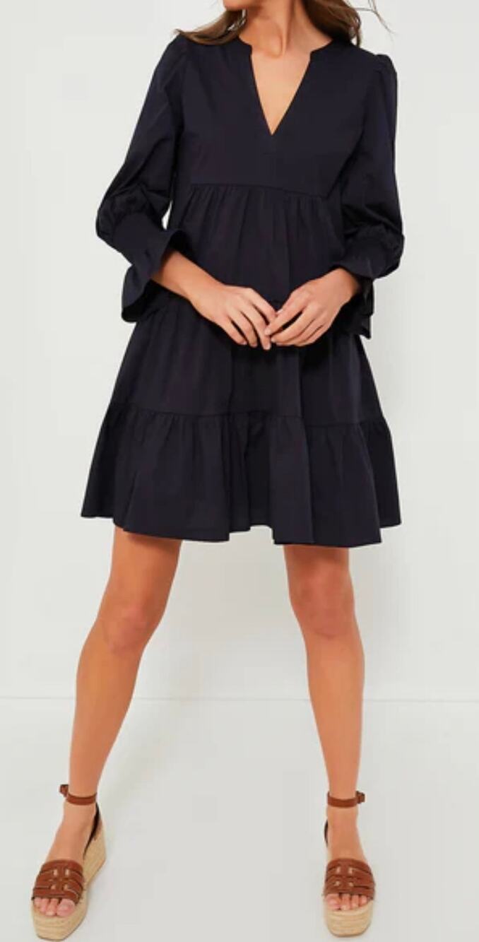 Tuckernuck Pomander Place Mini Dress Navy Blue Long Sleeve Tiered Skirt Small